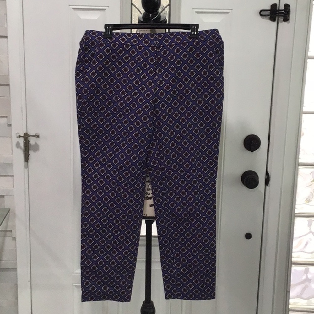 🆕EXPRES Printed Columnist Ankle  Pants Size 10R Waist 17.5” Blue Multi Cotton